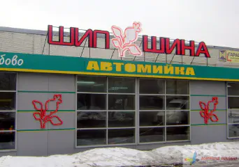 Світлова вивіска Шипшина. Букви діодна підсвітка, логотип зовнішній неон.